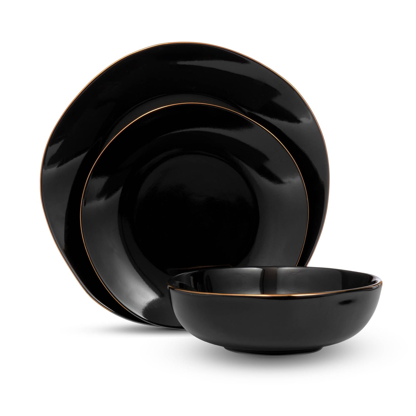 12 Piece Andover Black - Gold Band Dinnerware Set - Serves 4
