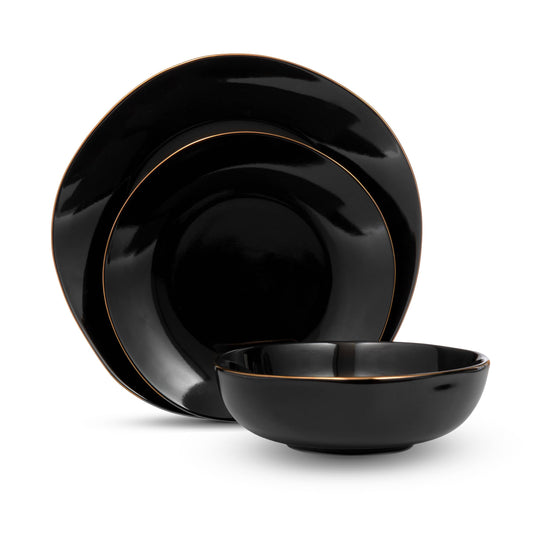 12 Piece Andover Black - Gold Band Dinnerware Set - Serves 4